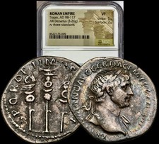 98-117 AD Trajan SPQR Standards Rev. Ancient Roman Silver Denarius Coin NGC VF picture