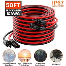 50ft Black + Red 10AWG Solar Panel Extension Cable Flexible Wire Connectors picture