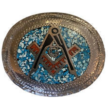 Vtg Freemasons Masonic Belt Buckle Turquoise Coral Inlay 3.5