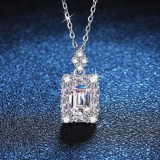 1CT Emerald Cut D Color Moissanite Pendant Necklace Women 925 Sterling Silver picture
