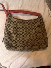 Coach Signature Logo Shoulder Bag Beige/Brown/Red Zip, Detachable Strap picture