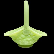 Vintage Fenton Water Lily Satin Uranium Lime Green Glass Basket Glows picture