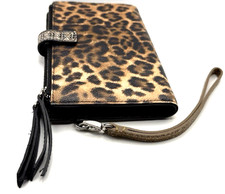 BRIGHTON Retired Wristlet Wallet African Stories Leopard & Black Pebbled Leather picture
