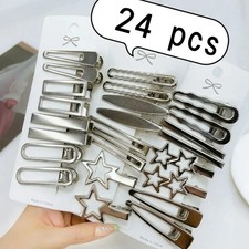 24Pcs Silver Hair Clips Set Women Girls Star Duckbill Barrettes Hair Pins picture