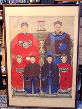 Large Chinese Ancestor Portrait Painting 6 Figures Qing Style Framed 42x60 picture