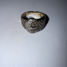 Solid 10K Yellow Gold Natural  White And Champagne Diamond Buckle Ring 7.5 size  picture