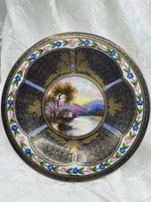 Vintage OLD NORITAKE Hand Painted SCENE Pedestal Bowl DARK BLUE GOLD picture