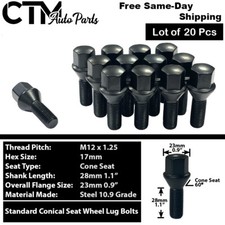 20x Black 12x1.25 Wheel Lug Bolt 28mm Shank Fit Cherokee Compass Renegade Dart picture