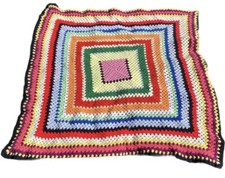 Vtg Handcrafted Rainbow Color Square Crochet Afghan Blanket 53x53 Boho Lap Throw picture