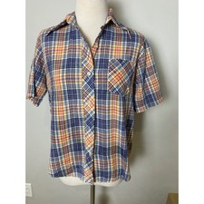 Vintage 60s Kmart Plaid Button Down Shirt Short Sleeve Blue Orange Multi Size 36 picture