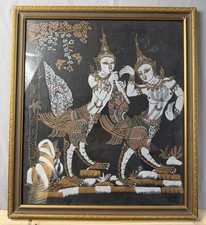 Vintage Thai silk painting framed artwork, 1/2 human/bird, oriental 19x17 picture
