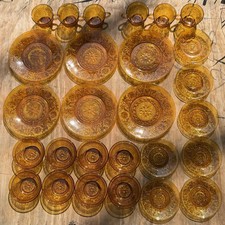 Vintage Tiara Exclusives Amber Sandwich Glass Dinnerware Set - 27 PCS EUC picture