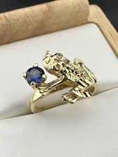 14k Yellow Gold Cute Frog Motif Natural Sapphire Gemstone Cocktail Ring picture