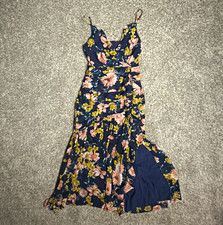Lulus navy blue floral print ruched midi dress w/slit. Size XS picture