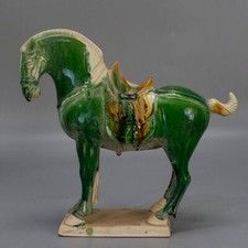 Chinese Tang Tri-Color Glazed Ceramics Green War Horse Porcelain Statue 7.8 inch picture