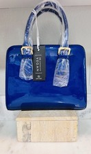 New La Terre Cobalt Blue Glossy Patent Dome Satchel Purse Chain Lining picture