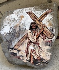 Jesus Carrying Cross Hand Painted On Large Rock Approx 8” X 8“ X 4“ picture