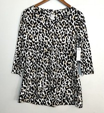 Chico’s NEW Animal Print Crossover Slub Tee Top Cream Black 3/4 Sleeves Sz M picture