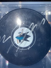 Macklin Celebrini Official NHL Used Puck Auto Big Signature Sharks Logo 🦈 picture