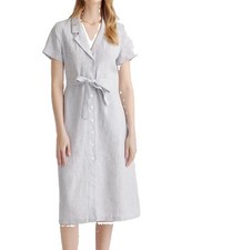 QUINCE Linen Dress BNWT’s Blue White Pinstripe Button Front Tie Waist Midi XL picture