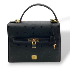 MCM Visetos kelly Handbag Black Leather Coated Canvas Padlock Mirror Included picture