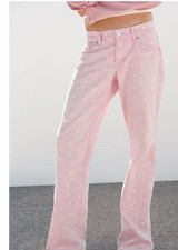 ZARA WOMAN SALESS26 PINK TRF WIDE LEG LOW RISE POLKA DOT JEANS 3607/015/050 picture