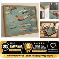 Framed Vintage Swim Wall Art Woman Swimming with Fish Ocean Canvas Print 8x10 picture