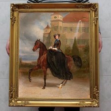 Handmade antique oil painting art Portrait Noblewoman horse on canvas 24