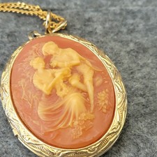 Vintage Style Cameo Locket Necklace Gold Tone Romantic Scene Pendant 22in picture