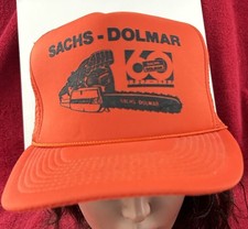 Vintage 1987 Sachs Dolmar Chain Saws Trucker Orange snapback Mesh Braid Hat picture