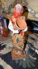 Vintage Folk Art Elderly Woman Figurine w/ Clay Pot Headscarf on Wood Base picture