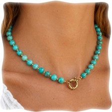 Turquoise Beaded Necklace for Women, Chunky Beaded Necklace with 18K Gold Pla... picture