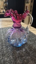 Fenton Beaded Melon Art Glass Mini Pitcher Pink Blue Ruffled Rim Handle picture