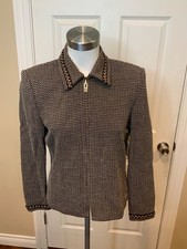 St. John Collection Brown Cream Textured Geometric Knit Zip Front Collared Sze 4 picture