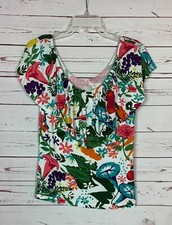 Postmark Anthropologie Women's S Small White Floral Ruffle Short Sleeve Cute Top picture