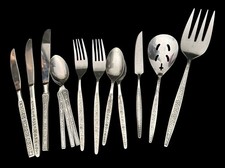 14pc VTG Mid-century Modern Stainless Botanical Engraved Mixed Fork Knife Spoon picture