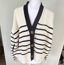 Quince Women’s V-Neck Striped Fisherman’s Cardigan Sweater, Organic Cotton, M picture