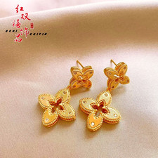 Luxury 24K 9999 Pure Gold Real Gold Women'S Small Leaf Hollow Stud Earrings picture