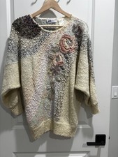 Vintage 80s Marisa Whalen Sweater Pink Floral Embroidery Wool Blend Chunky M picture