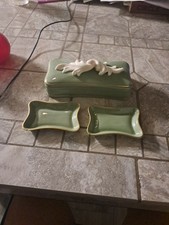 LENOX CELEDON GREEN + WHITE FLOWERS & HANDLE / 2 TRAYS, CIGARETTE /TRINKET BOX picture