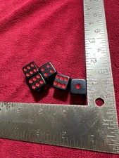 Vintage 5/8” Set of 5 Dice, Black Dice with Red Pips, Excellent Condition. picture