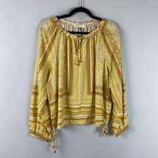 Rose + Olive Paisley Peasant Blouse Size Large Boho Tie Popover Yellow Rayon picture