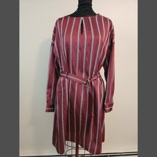 NWT Express Medium Satin Shirt Dress Burgundy Wine Pinstripe Keyhole Belted  picture