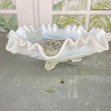 Vintage Northwood Glass Clear Opalescent Footed Bowl Embosses Flowers Rings picture