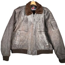 Swingster Vintage Bomber Jacket Faux Fur Collar Distressed Brown LeatherSize XXL picture