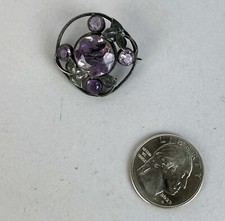 Antique 1900s Antique Art Nouveau Amethyst Sterling Leaves Brooch Pin 5 grams picture