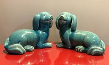 Charming Large Old Pair Chinese Turquoise-glazed Hounds Pups Dogs picture