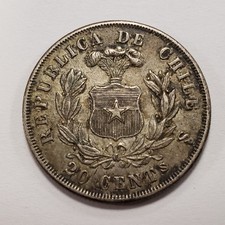 1875 Chile 20 Centavos Silver .1342 ASW - KM138.1 - SCARCE - SKU-Q5668 picture