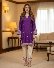 Women’s Pakistani Purple Embroidered 2-Piece Cotton Salwar Kameez Suit picture