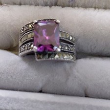 925 Sterling Silver Rectangular Purple Amethyst Prong Cocktail Ring Sz 8 picture
